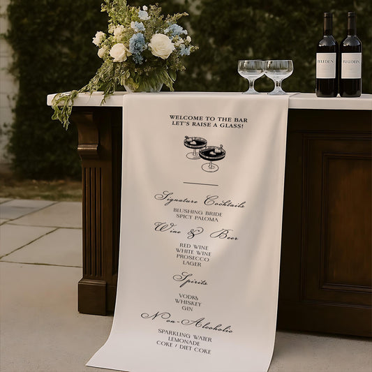 Wedding Bar Menu Runner, Personalized Signature Cocktails Banner with Champagne Tower & Bow, Coquette Script, Custom Drinks List Table Decor