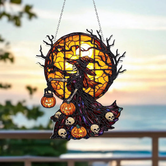 Halloween Skeleton Witch Acrylic Window Hanging with Full Moon & Pumpkins – Spooky Sun Catcher for Gothic Horror Holiday Home Décor