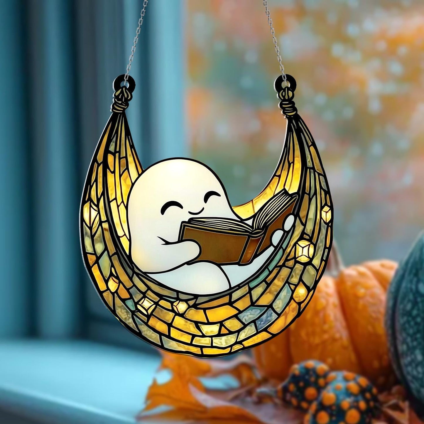 Cute Ghost Reading Book Acrylic Window Hanging – Adorable Sun Catcher for Whimsical, Cozy, and Halloween Home or Kids Room Décor