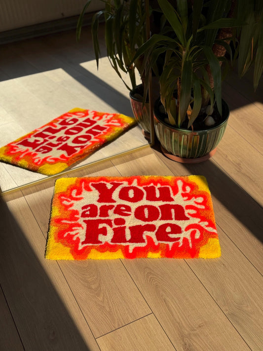 Handmade You Are On Fire Tufted Rug Bold Flame Text Carpet Retro Aesthetic Soft Floor Mat Motivational Room Decor 60x40cm Gift Idea