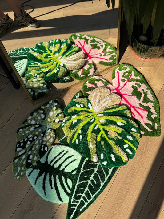 Handmade Tropical Leaf Rug Wall Decor Set – Monstera, Caladium & Alocasia Tufted Rugs – Botanical Plant Lover Gift