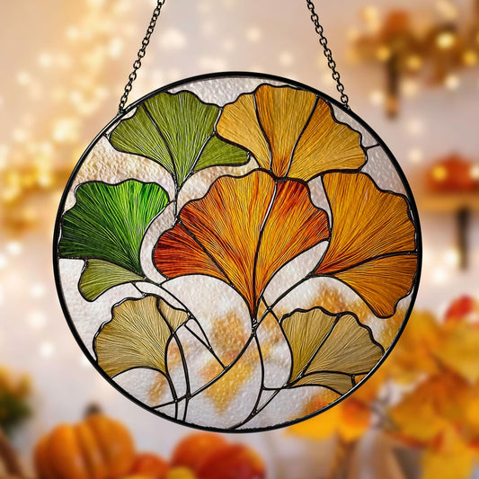 Ginkgo Leaf Stained Glass Suncatcher, Hanging Window Panel with Colorful Autumn Leaves, Unique Home and Garden Decoration Gift