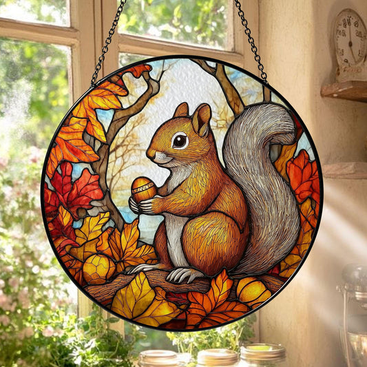 Squirrel Stained Glass Suncatcher, Autumn Window Hanging with Acorns and Fall Leaves, Woodland Animal Decor for Home and Nature Lovers Gift