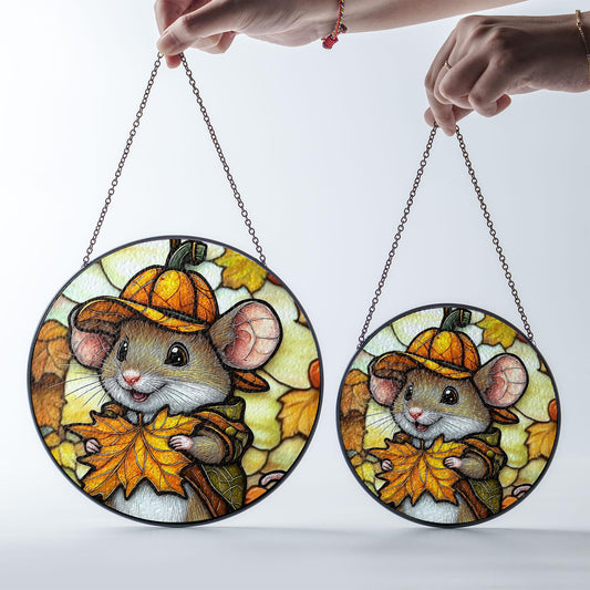Mouse Stained Glass Suncatcher, Cute Autumn Window Hanging with Pumpkin Hat and Fall Leaves, Woodland Animal Decor for Home and Gift