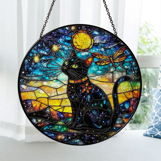 Black Cat Stained Glass Suncatcher, Cosmic Window Hanging with Stars, Moon and Dragonfly, Mystical Galaxy Decor for Home and Cat Lovers Gift
