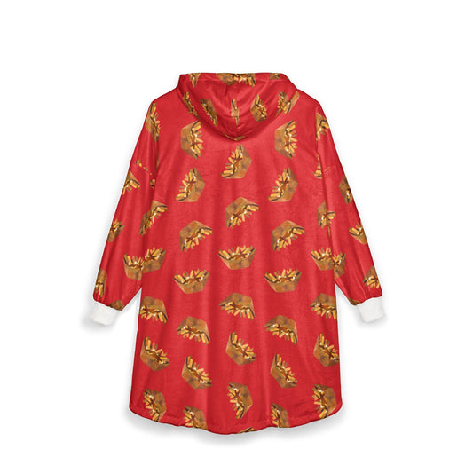 Poutine Pattern Hooded Blanket: Cozy Polyester Fleece, Kangaroo Pocket