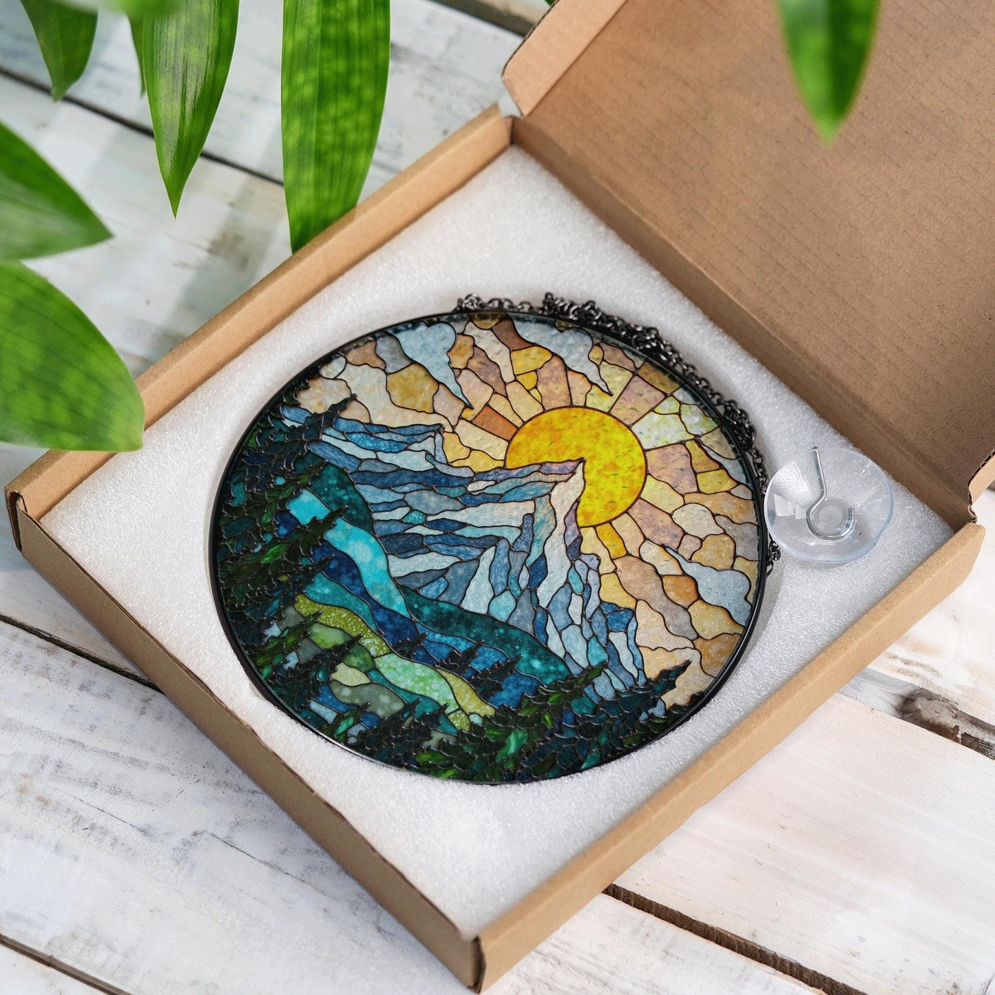 Suncatcher stained glass mountain sunrise landscape gift for mom Mother’s Day gift Christmas gift