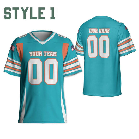 Personalized Team Dolphins Football Jersey Teal and white jersey ,Game Day Free Style Shirt, V-neck Mesh Jersey For Men Mesh Polyester