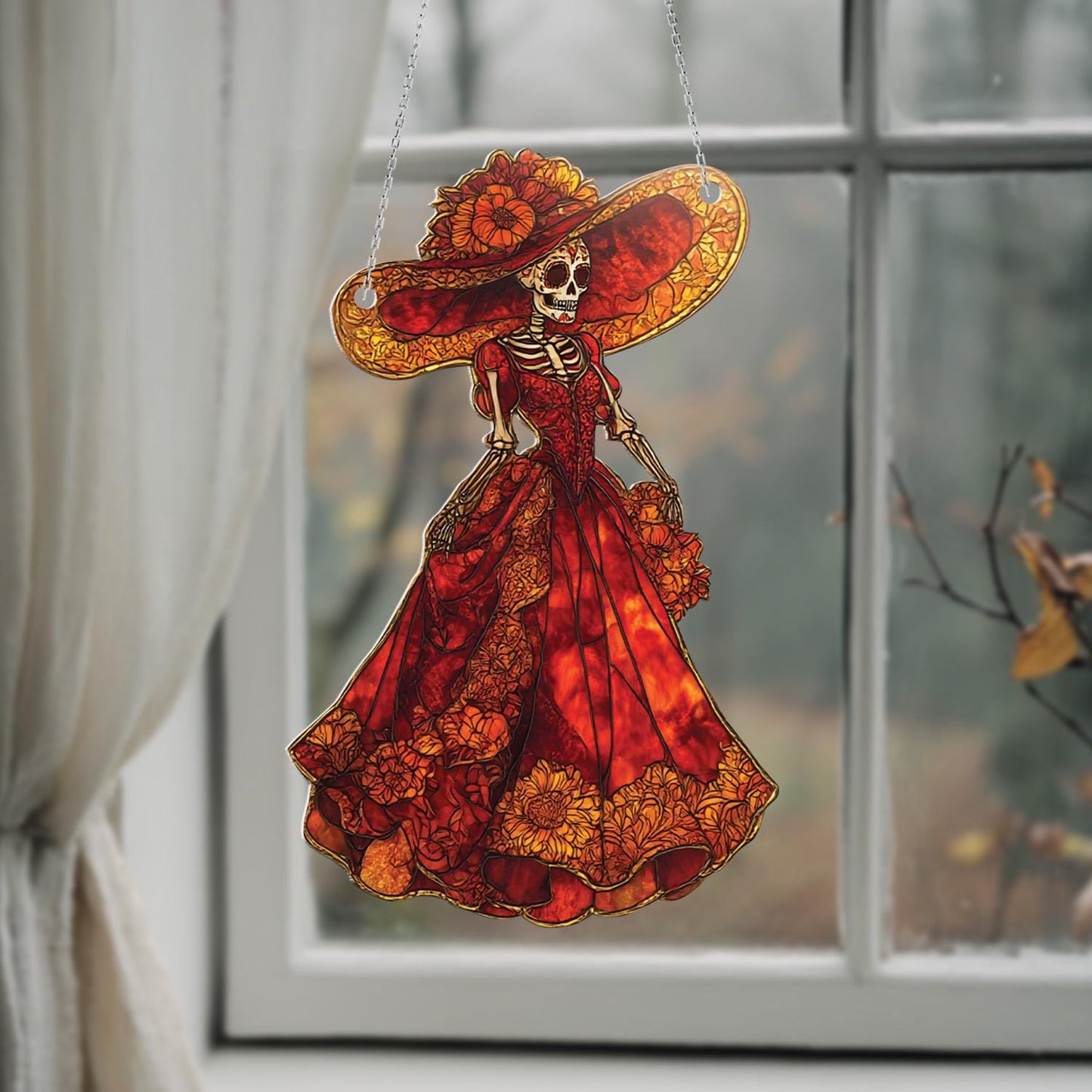 Decorative Skeleton Lady Hanging Ornament, Gothic Red Dress Window Decor, Halloween Dia De Los Muertos Home Decoration, Halloween Decor