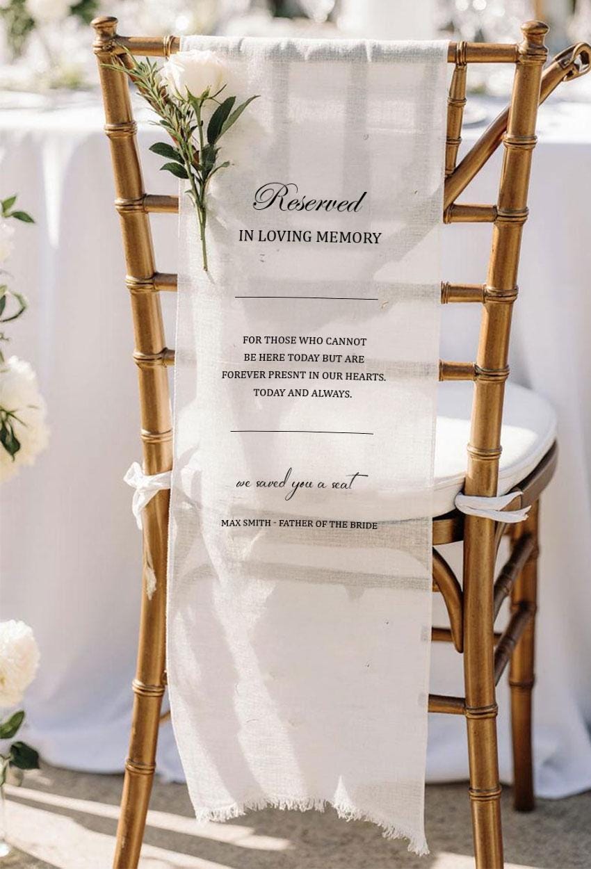 Reserved in Loving Memory Wedding Chair Sign, Father of the Bride Memorial Banner, Personalized Remembrance Seat Sign, Wedding Decor