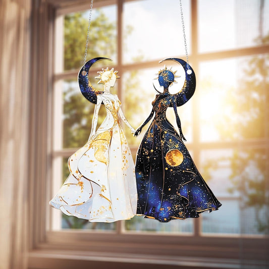 Sun and Moon Goddess Window Hanging Decoration, Celestial Duo Holding Hands in White and Dark Dresses for Mystical Home and Cosmic Décor