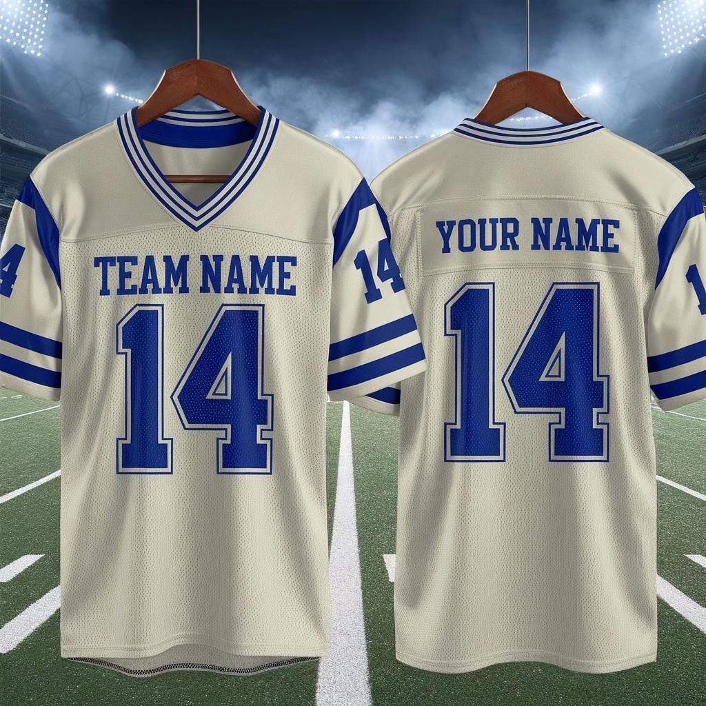 Custom America Team Football Jersey, White Blue Football Jersey With Team Name Number, America Football Jersey, Football Game Day Jersey