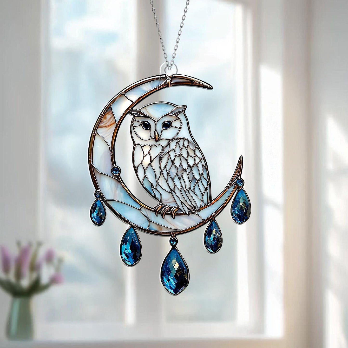 Owl on Crescent Moon Window Hanging with Sparkling Blue Crystal Drops – Decorative Window Ornament, Unique Gift for Home Decor