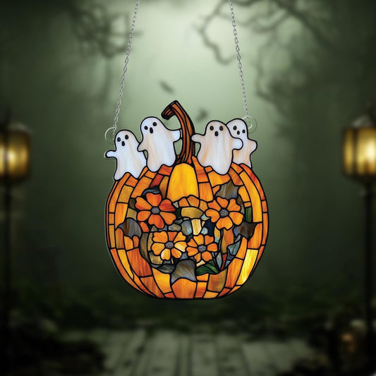 Pumpkin Ghost Window Hanging, Halloween Acrylic Decor with Flowers, Cute Spooky Fall Ornament, Haunted Pumpkin Window Decoration