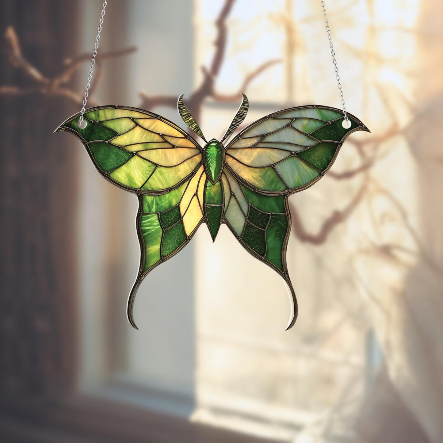 Green Butterfly Window Hanging, Nature Inspired Home Decor, Boho Insect Ornament, Botanical Window Art, Spring Summer Room Decoration