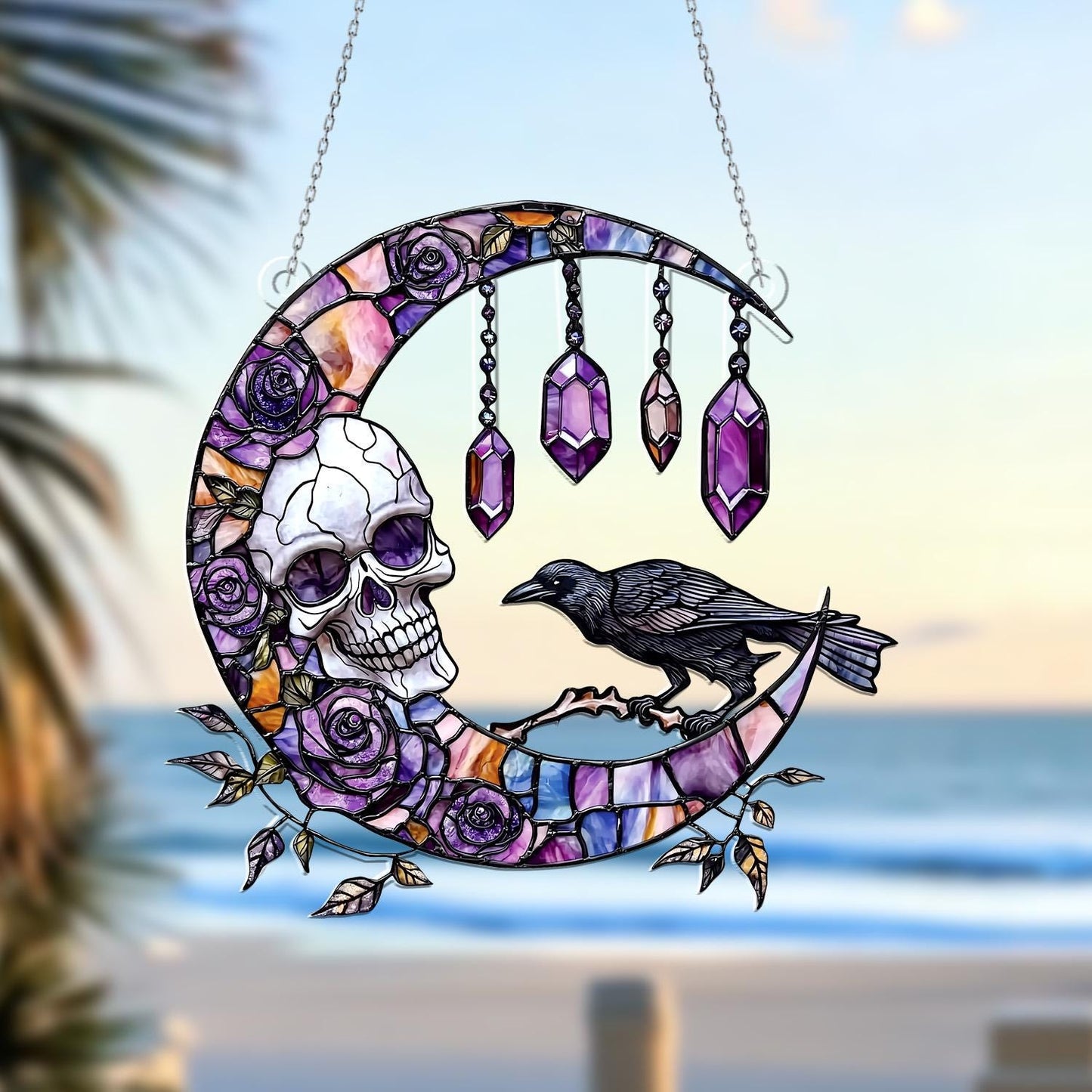 Skull & Raven Gothic Moon Window Hanging – Witchy Crystal Sun Catcher, Halloween Wall Decor, Boho Witch Home Decor, Spiritual Gothic Gift