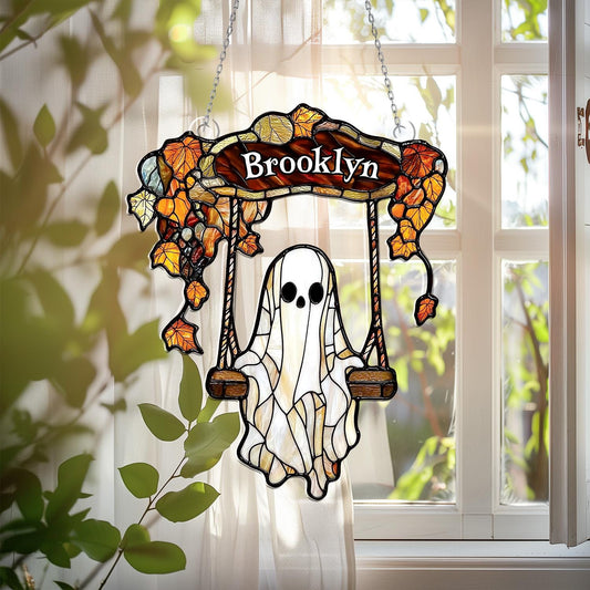 Personalized Ghost Window Hanging with Name – Custom Halloween Window Decoration, Spooky Autumn Wall Art, Cute Gothic Home Decor Gift