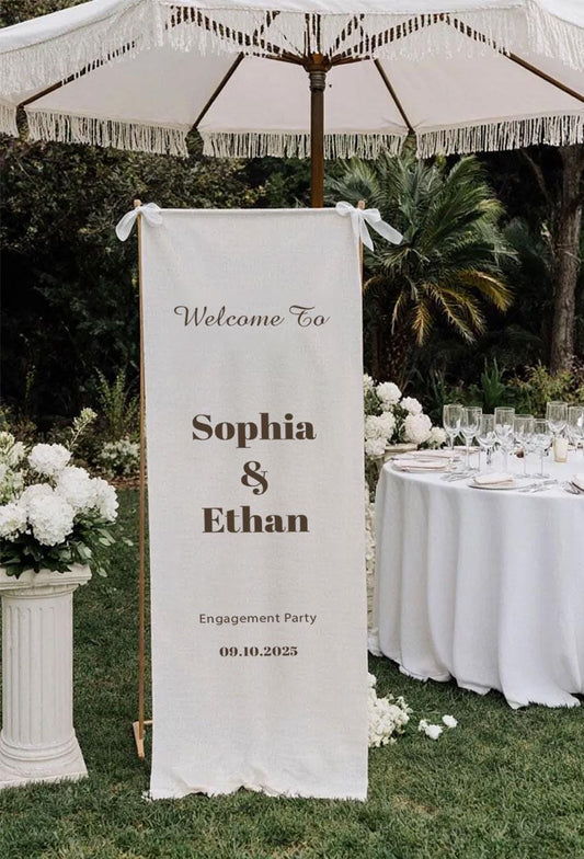 Engagement Party Welcome Sign, Custom Fabric Banner, Personalized Ceremony Sign, Rustic Outdoor Engagement Decor, Wedding Decoration