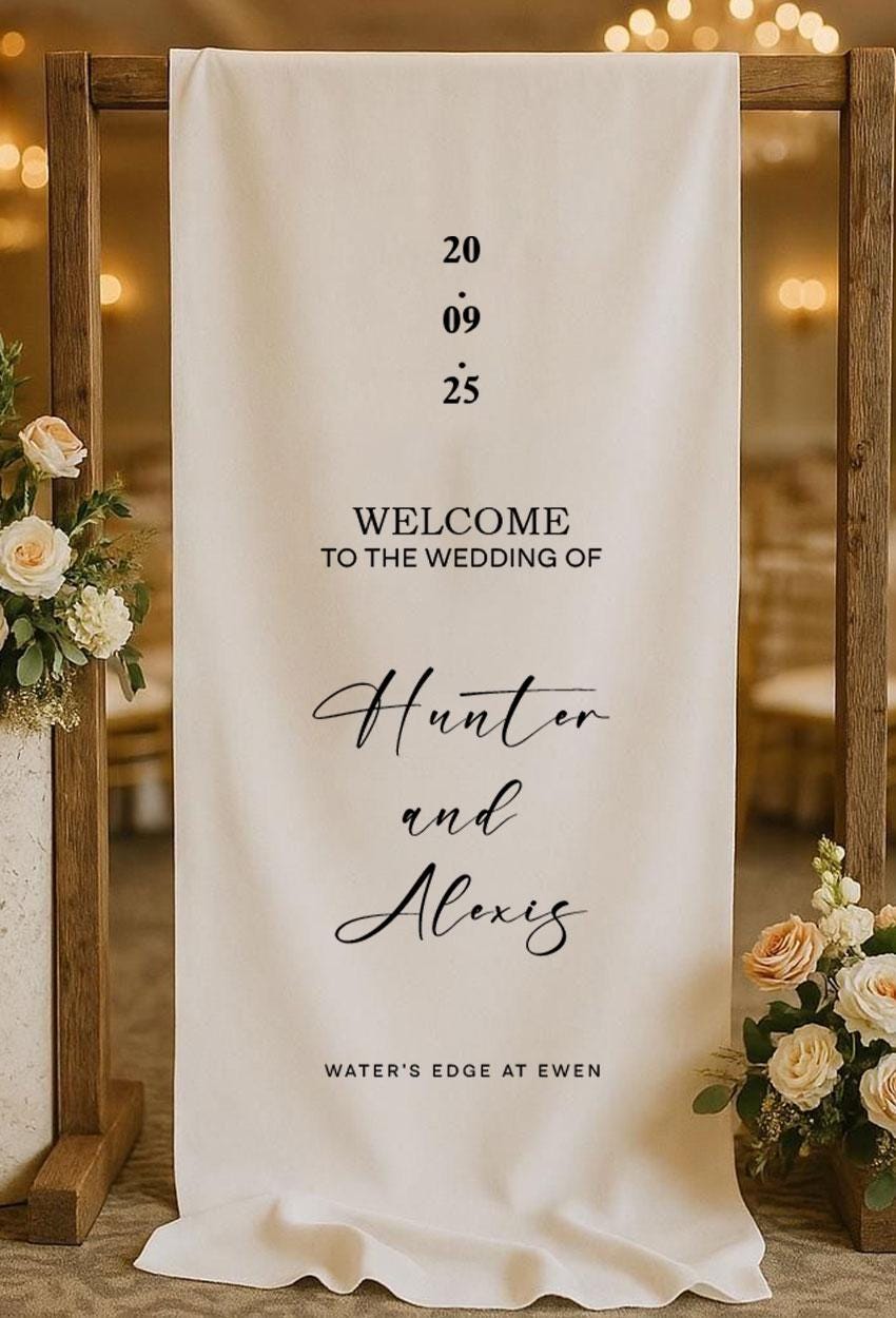 Minimalist Wedding Welcome Sign, Custom Fabric Banner, Personalized Ceremony Sign, Modern Wedding Decor, Rustic Outdoor Reception Sign