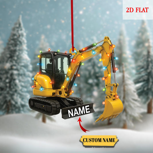 Custom Name Excavator Led Light Christmas Ornament, Christmas Hanging Flat 2D Ornament Acrylic, Machine Ornament, Construction Gift