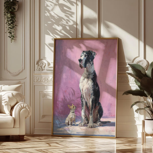 Great Dane and Chihuahua Dog Friends Fine Art Print | Cute Quirky Whimsical | Cocktail Art | Bar Cart Decor | Trendy Home Wall Art Gift