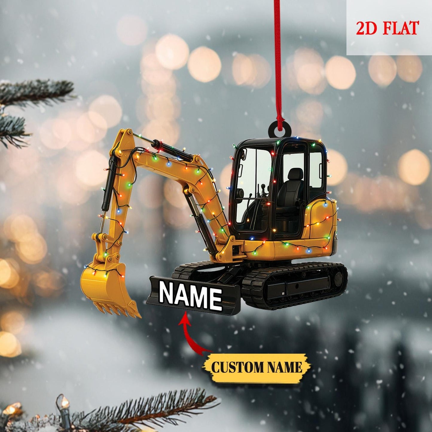 Custom Name Excavator Led Light Flat 2D Ornament, Machine Ornament, Construction Gift, Christmas Tree Hanging Decor, Excavator Ornament