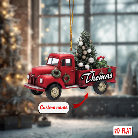 2D acrylic ornament, flat christmas ornament, personalized red truck ornament, custom name ornament, vintage christmas decor, xmas gift