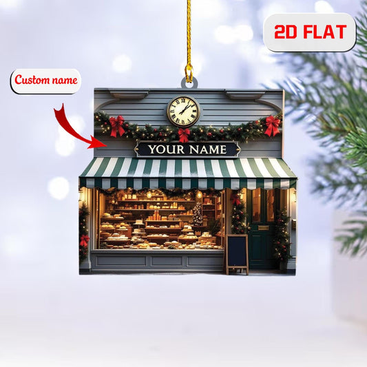 2D Acrylic Christmas Ornament, Bakery Storefront Holiday Decor with Bread and Pastries, Personalized Baker Ornament, Christmas Gift