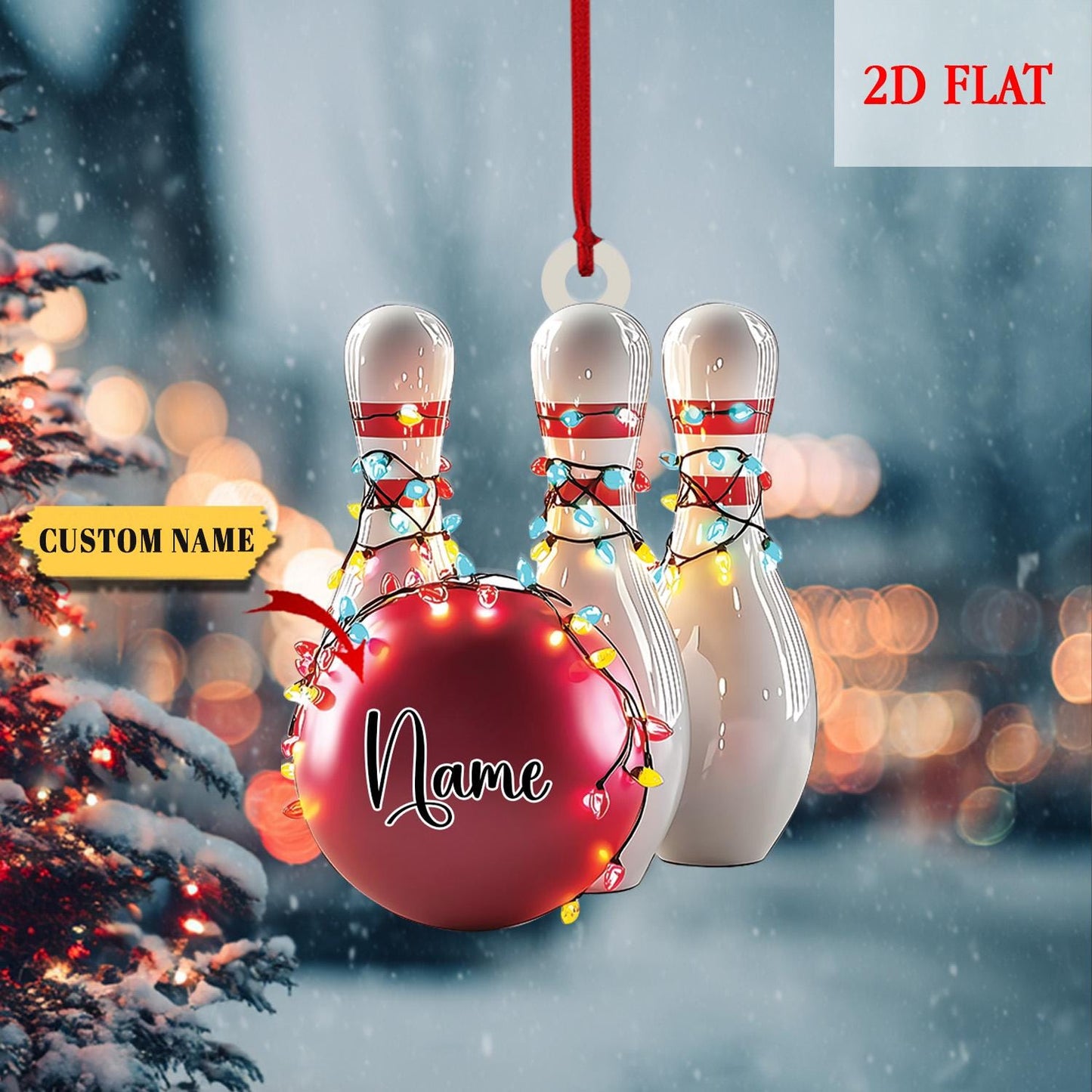 Personalized Name Bowling Ball & Pins 2D Flat Acrylic Ornament, Bowling Christmas Tree Decoration, Gift For Bowling Teams, Bowling Ornament