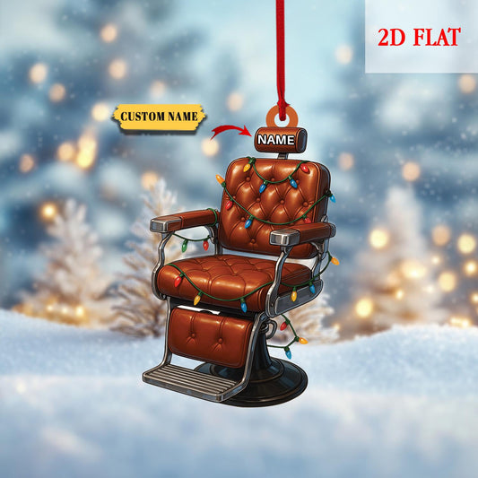 Personalized Barber's Chair Christmas 2D Flat Ornament, Shape Barber Acrylic Ornament, Christmas Gift For Barber, Barber Shop Decor