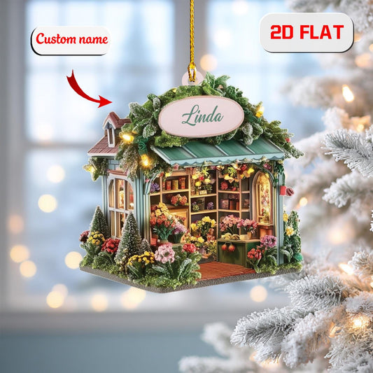 Personalized Flower Shop Christmas Ornament, Custom Name Floral Store Ornament, 2D Flat Acrylic Decoration, Unique Xmas Gift for Garden