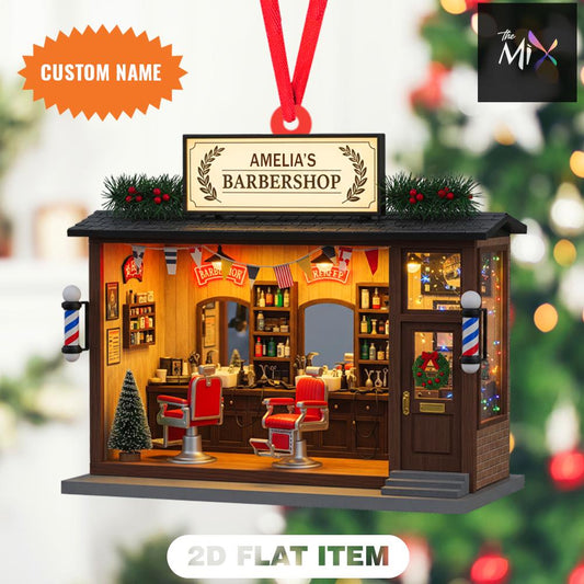 Custom Name Barbershop Christmas Ornament – 2D Flat Ornament, Xmas Tree Decor, Hair Stylist Ornament, Barber Shop Gift Keepsake