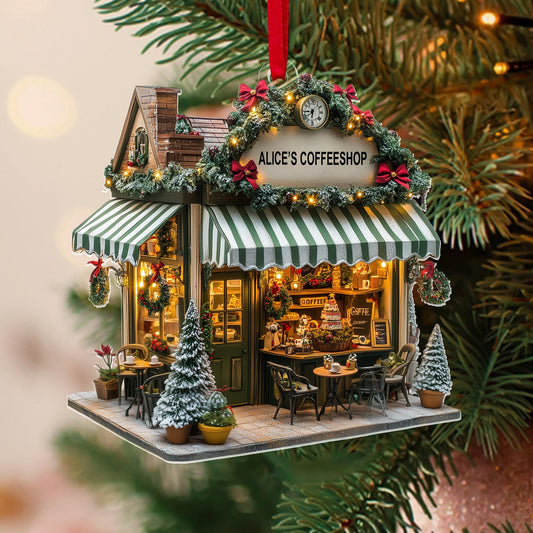 Personalized Coffee Shop 2D Flat Acrylic Ornament, Coffee Store Christmas Coffee Store Gift, Christmas Decor, Coffee Lover Ornament