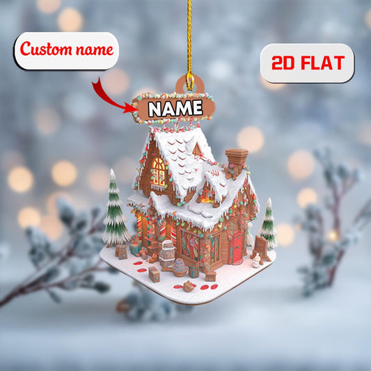 Personalized Gingerbread House 2D Flat Acrylic Ornament, Custom Christmas Cottage Ornament, Gift for Families and Kids, Holiday Home Decor