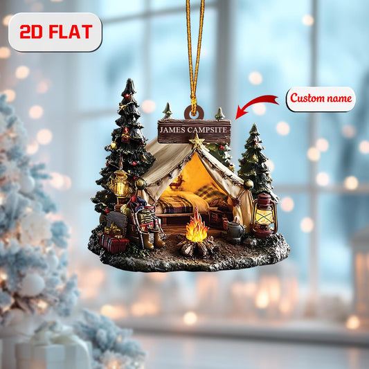 Custom Camping Ornament, Personalized Campsite Christmas Decoration, Tent & Campfire Holiday Ornament, Unique Gift for Camper or Hiker