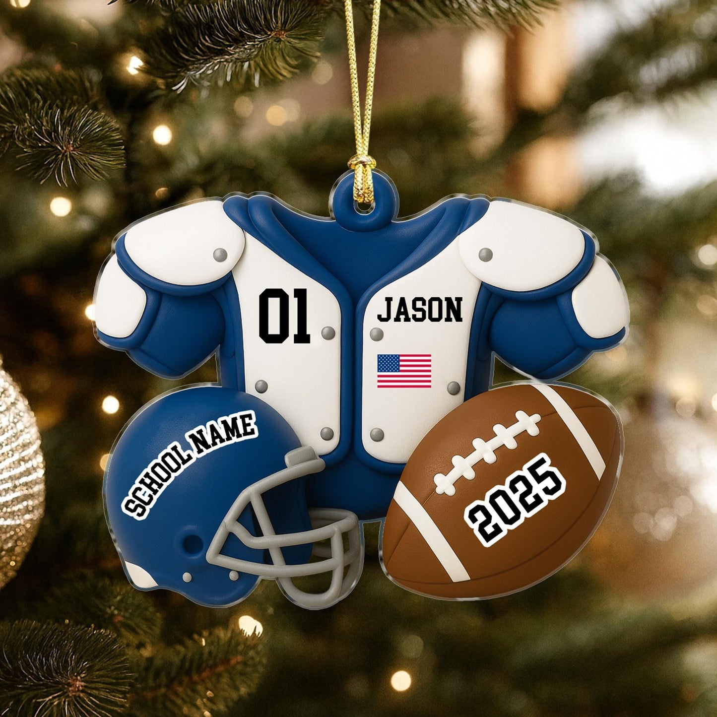 Football Player Ornament: Custom Name Acrylic Keepsake, American Football Uniform 2D Flat
