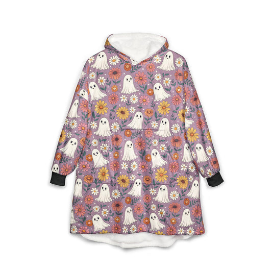Floral Ghost Hooded Blanket: Cozy Unisex Polyester Fleece