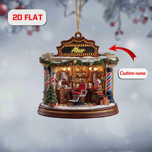 Custom 2D Flat Barber Shop Ornament, Personalized Acrylic Christmas Ornament with Name, Barber or Hairstylist Gift, Holiday Tree Decoration