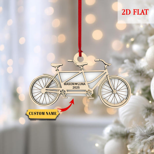 Personalized Bike Cycle Couple Ash Wood Ornament, Custom Dirt Bike Christmas Decoration, Couples Mountain Bike Christmas Decoration Bauble