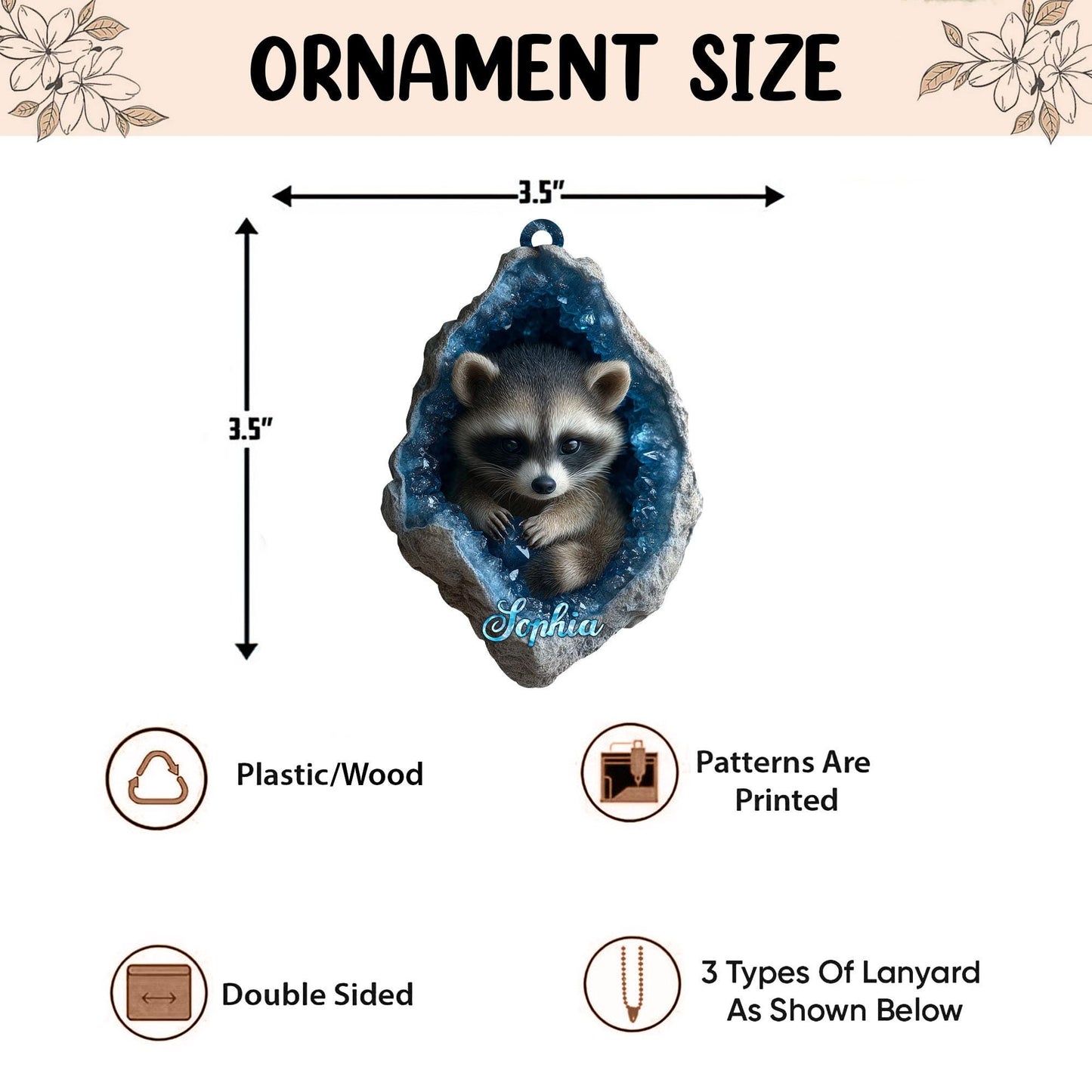 Personalized Racoon 2D Flat Ornament, Racoon Rearview Mirror Car Accessories, Racoon Christmas Ornament, Animal Lover, Racoon Lover Gifts