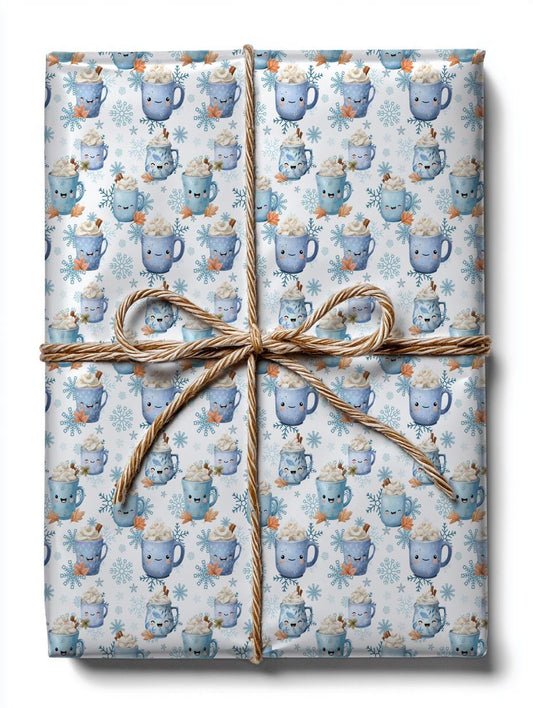 Blue Cocoa and Snowflakes Wrapping Paper: Perfect for Babies and Children, Custom Christmas Wrapping Paper, Unique X-mas paper, Modern Gift