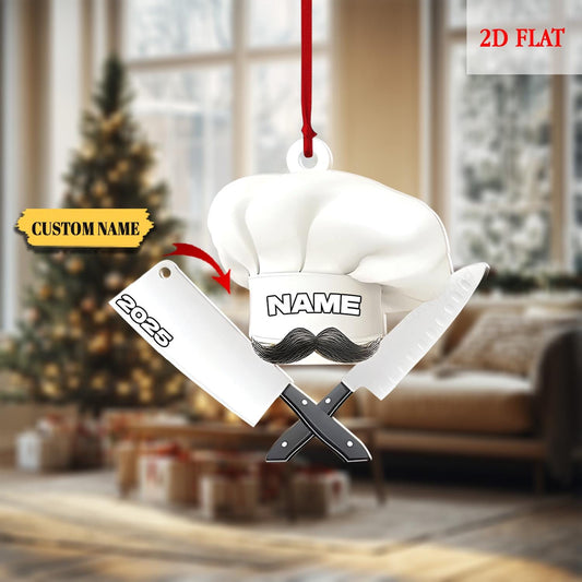 Custom Name Chef Ornament, Chef Hat Knife Accessories Christmas Tree Ornament Hanging Decoration House Xmas 2025, Gift For Cooking Lover