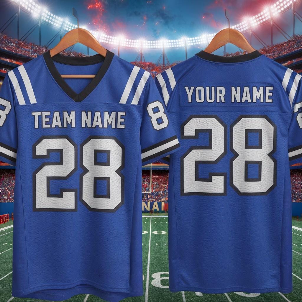 Custom America Team Football Jersey, Royal Blue Football Jersey With Team Name Number, America Football Jersey, Football Game Day Jersey