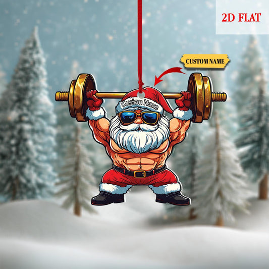 Personalized Santa Gym 2D Flat Ornament, Personalized Santa Gym ornament, Santa Claus Weightlifting Christmas Ornament, Gym lover ornament