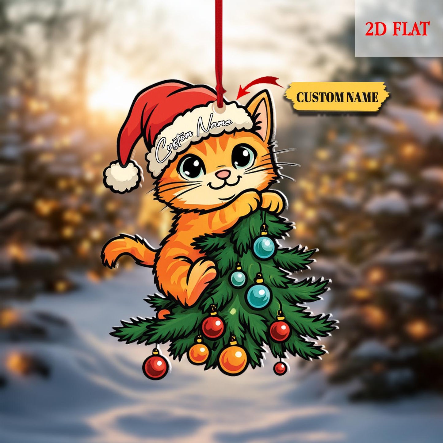 Custom Name Cute Cat Christmas Flat 2D Ornament Acrylic Ornament, Christmas Tree Decor, Gift For Cat Lover, Cat Lover, Christmas Decoration