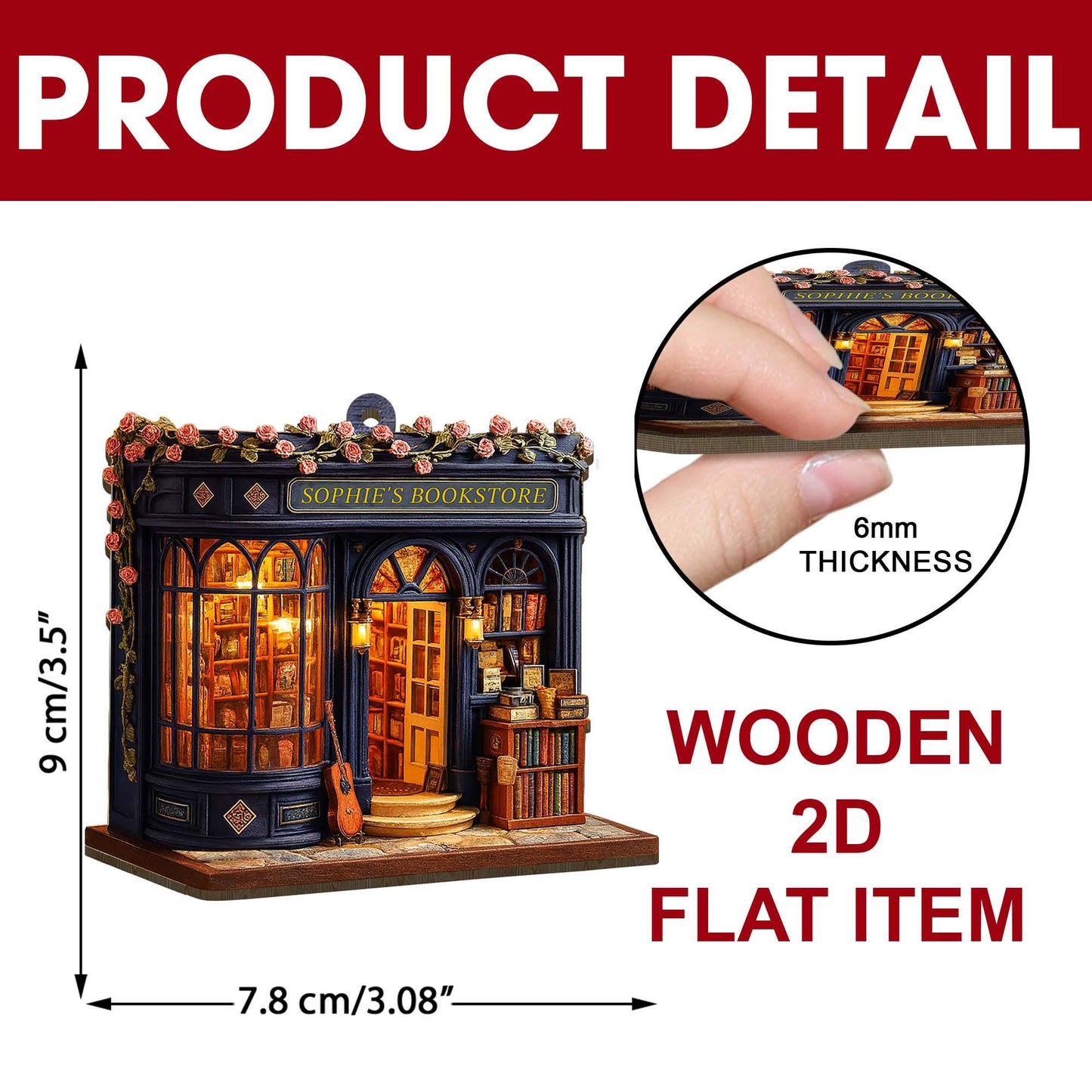 Personalized Bookstore Christmas Ornament 2025, Custom Book Store 2d Flat Wooden Ornament, Gift for Book Lovers,Bookshelf Christmas Ornament