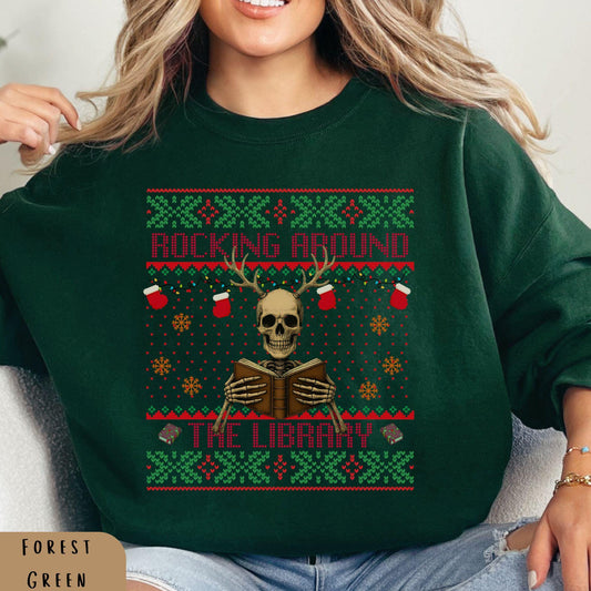 Rockin' Around the Christmas Tree Shirt Ugly Christmas Book Lover Sweatshirt Funny Skeleton Shirt Reindeer Sweatshirt