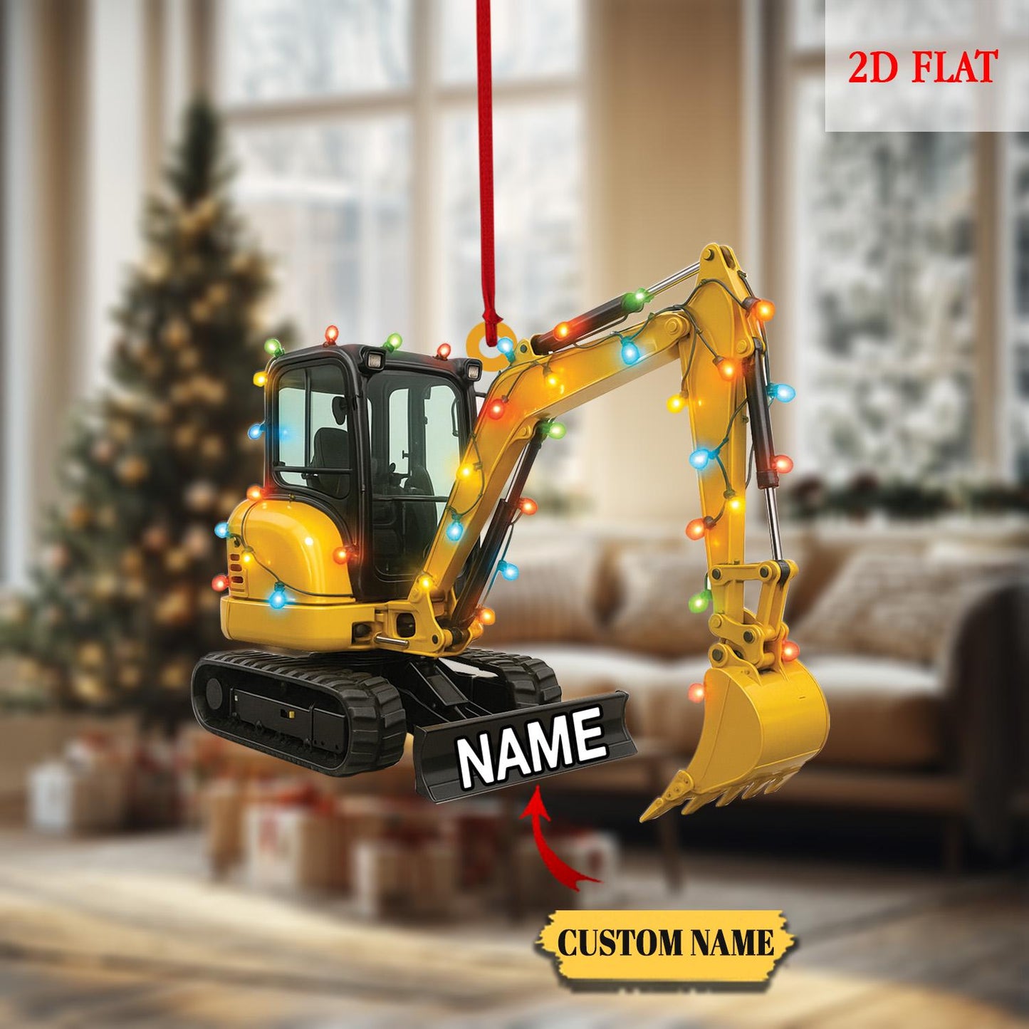 Custom Name Excavator Led Light Christmas Ornament, Christmas Hanging Flat 2D Ornament Acrylic, Machine Ornament, Construction Gift
