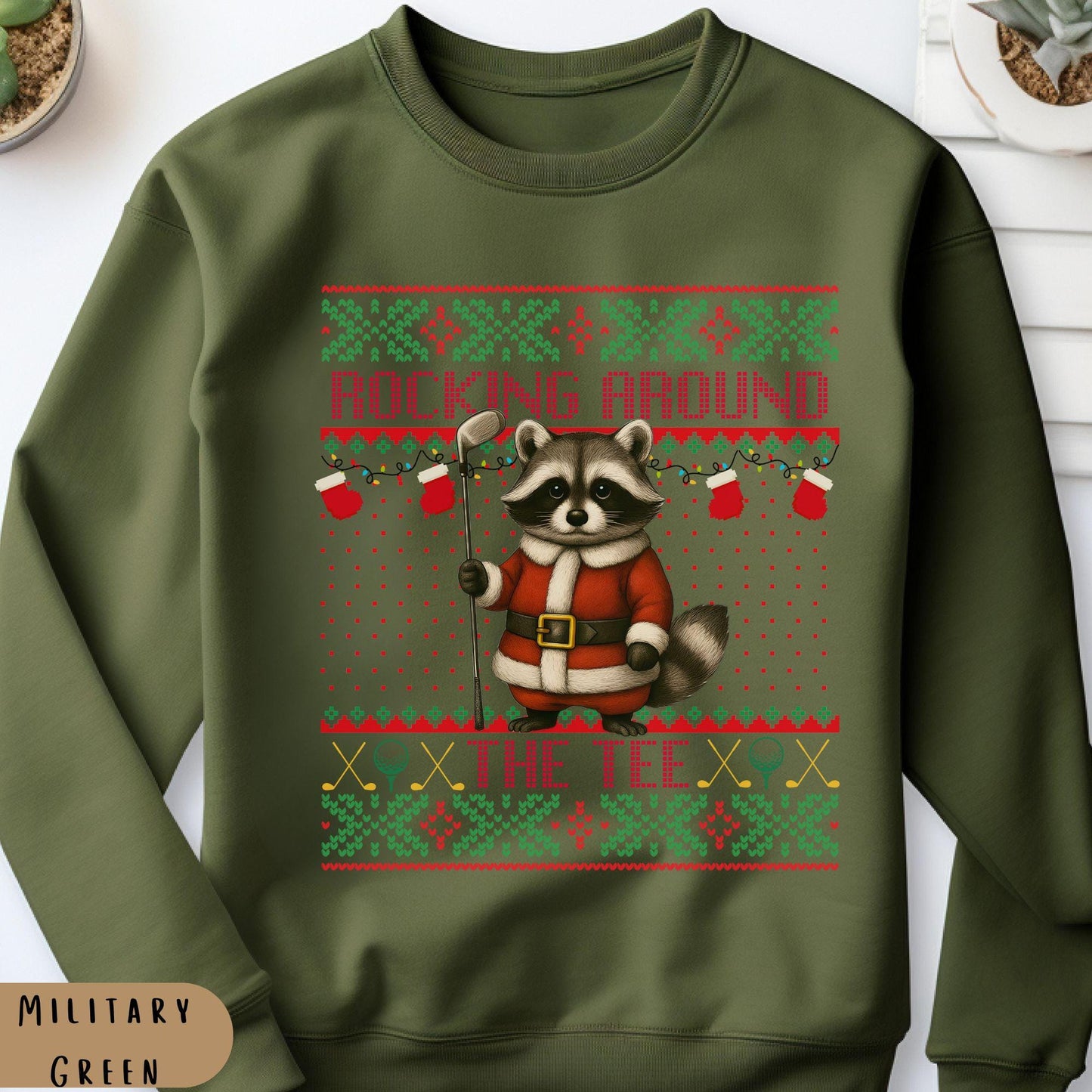 Rockin' Around the Christmas Tree Shirt Santa Claus Golfing Golf Ugly Sweater Funny Raccoon Shirt Funny Secret Santa Gift Ideas