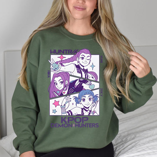 Huntrix Girls Shirt, Kpop Demon Hunters Sweatshirt, Vintage Huntrix Hoodie, Rumi Zoey Mira Graphic Shirt, Huntrix Band Crewneck Sweatshirt